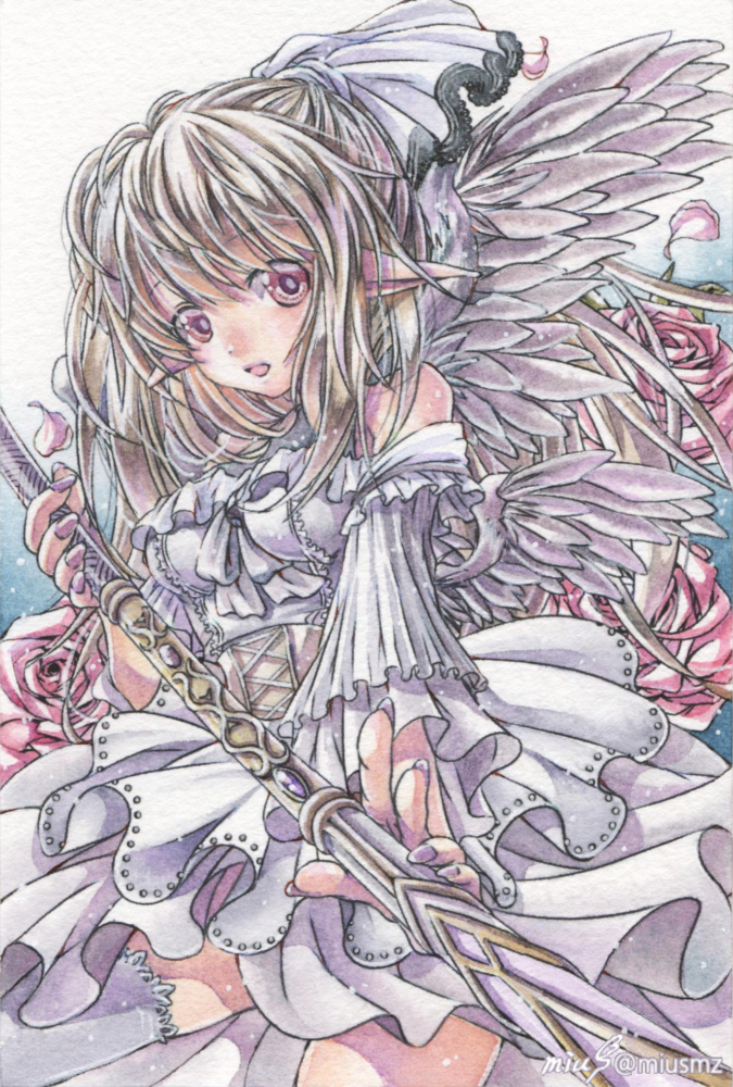 2020.8.7|オリジナル|アナログ<br>(透明水彩/ウォーターフォード中目/ポストカードサイズ)<br>キャラものでは初透明水彩作品 透明水彩による黒い天使を描いたオリジナルイラスト