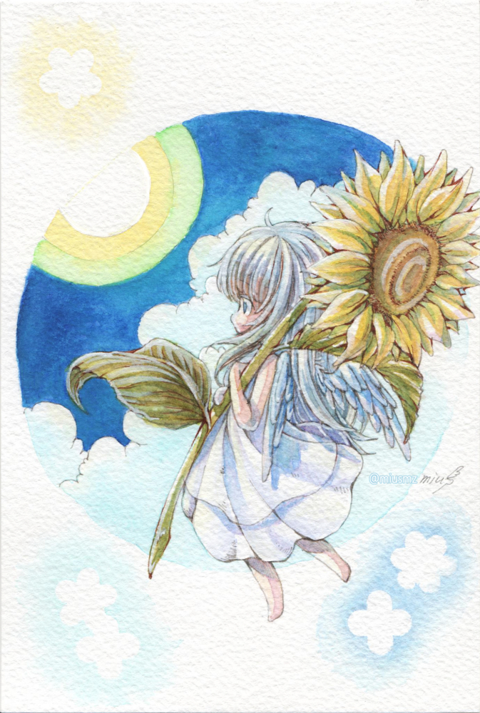 2020.9.3|オリジナル|アナログ<br>(透明水彩/アクリルデネブ荒目/ポストカードサイズ)<br>晩夏のイラスト。 清水実羽による、透明水彩を用いた天使とひまわりと入道雲のオリジナルの夏イラスト