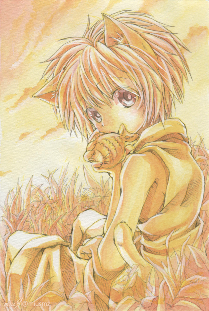 2020.10.1|オリジナル|アナログドローイング<br>(透明水彩/マルマンスケッチブック/ポストカードサイズ)<br>シュミンケルチルイエローとターナーシナバーで猫耳少年くんドローイング 清水実羽による透明水彩ドローイングで猫耳少年くんのオリジナルイラスト。