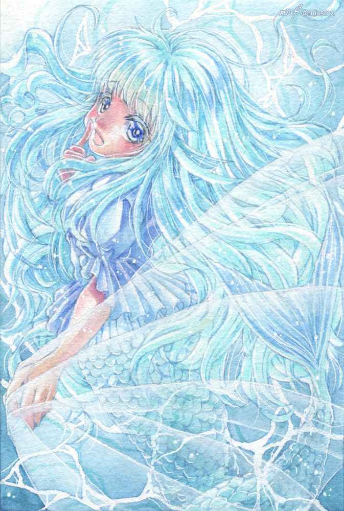 2020.10.18│オリジナル│アナログ<br>(透明水彩/ウォーターフォード中目/ポストカードサイズ)<br>青色を使った人魚ちゃん 透明水彩による青い人魚さんのオリジナルイラスト
