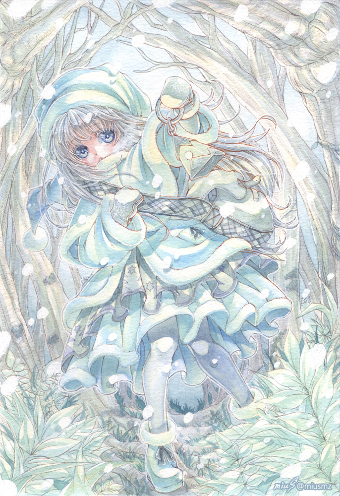 青い服の見習いサンタさん。<br>トナカイさんと一緒にお仕事できるのはまだまだ先。<br><br>2020.12.24|オリジナル|アナログ<br>(絵墨明/アクリルデネブ) 清水実羽による透明水彩を用いた見習い青サンタさんのクリスマスオリジナルイラスト