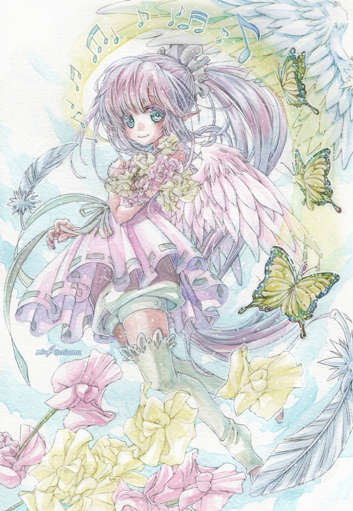 彼の人を想う、刻まれた音と香り。<br><br>2021.2.4|オリジナル|アナログ<br>(顔彩メイン、一部絵墨明と透明水彩/アクリルデネブ) 清水実羽による透明水彩を用いた女の子天使のオリジナルイラスト。