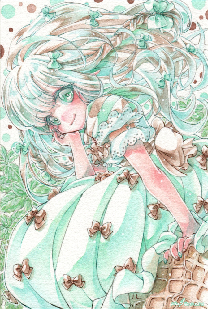 チョコミントアイスちゃん。<br><br>2022.9.9|オリジナル|アナログ<br>(透明水彩/ウォーターフォード中目/ポストカードサイズ) 清水実羽による透明水彩を用いたチョコミントアイスの擬人化オリジナルイラスト。