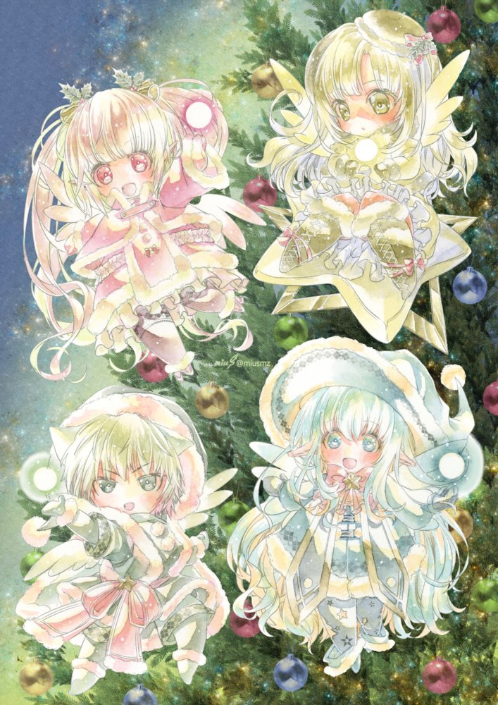 小さく暖かな彩りを贈ります。<br><br>2022.12.24│オリジナル│アナログドローイング<br>(透明水彩/ウォーターフォード中目)、背景はデジタル作画<br>クリスマスイラスト。 清水実羽による透明水彩を描いたクリスマスツリーを灯す小さな光の天使達のオリジナルイラスト