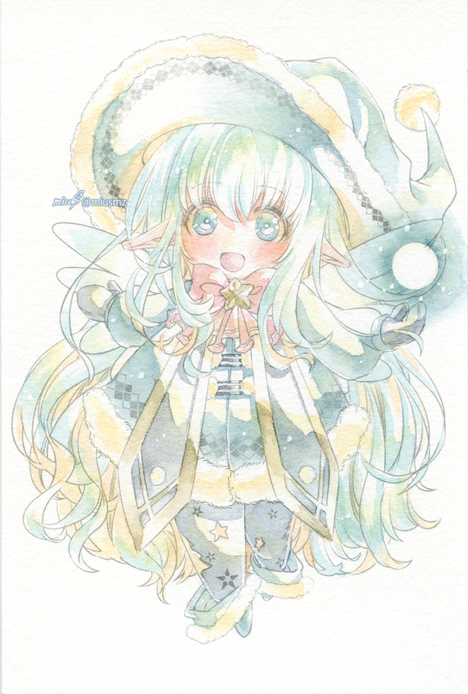 2022.12.24│オリジナル│アナログドローイング<br>(透明水彩/ウォーターフォード中目)<br>クリスマスイラスト 清水実羽による透明水彩を描いた青い光の小さな天使のオリジナルSDイラスト