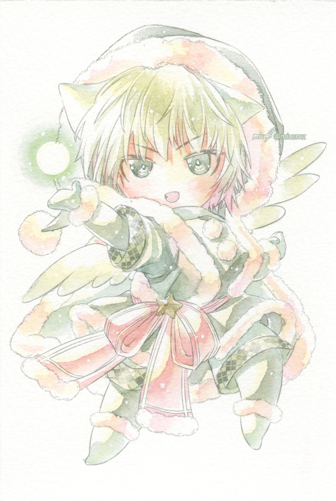 2022.12.24│オリジナル│アナログドローイング<br>(透明水彩/ウォーターフォード中目)<br>クリスマスイラスト 清水実羽による透明水彩を描いた緑の光の小さな天使のオリジナルSDイラスト