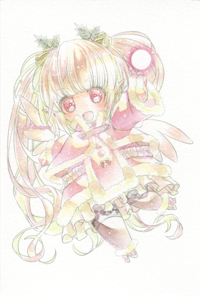 2022.12.24│オリジナル│アナログドローイング<br>(透明水彩/ウォーターフォード中目)<br>クリスマスイラスト 清水実羽による透明水彩を描いた赤い光の小さな天使のオリジナルSDイラスト