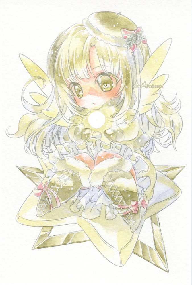 2022.12.24│オリジナル│アナログドローイング<br>(透明水彩/ウォーターフォード中目)<br>クリスマスイラスト 清水実羽による透明水彩を描いた黄色い光の小さな天使のオリジナルSDイラスト