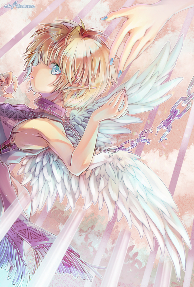 夢に駆けるチカラ。<br><br>2021.12.15│オリジナル│デジタル 清水実羽による囚われの中から救いの手で脱しようとする少年天使のオリジナルイラスト。