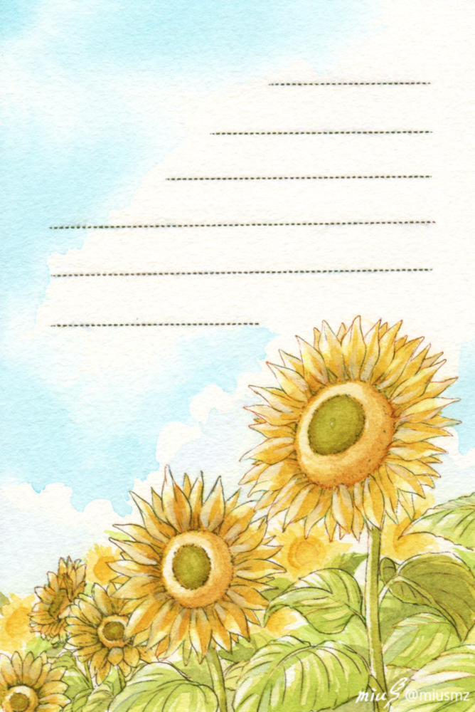 2020.8.3|オリジナル|アナログドローイング<br>(透明水彩/ウォーターフォード中目/ポストカードサイズ) 清水実羽による透明水彩を用いたひまわりのオリジナルイラスト。