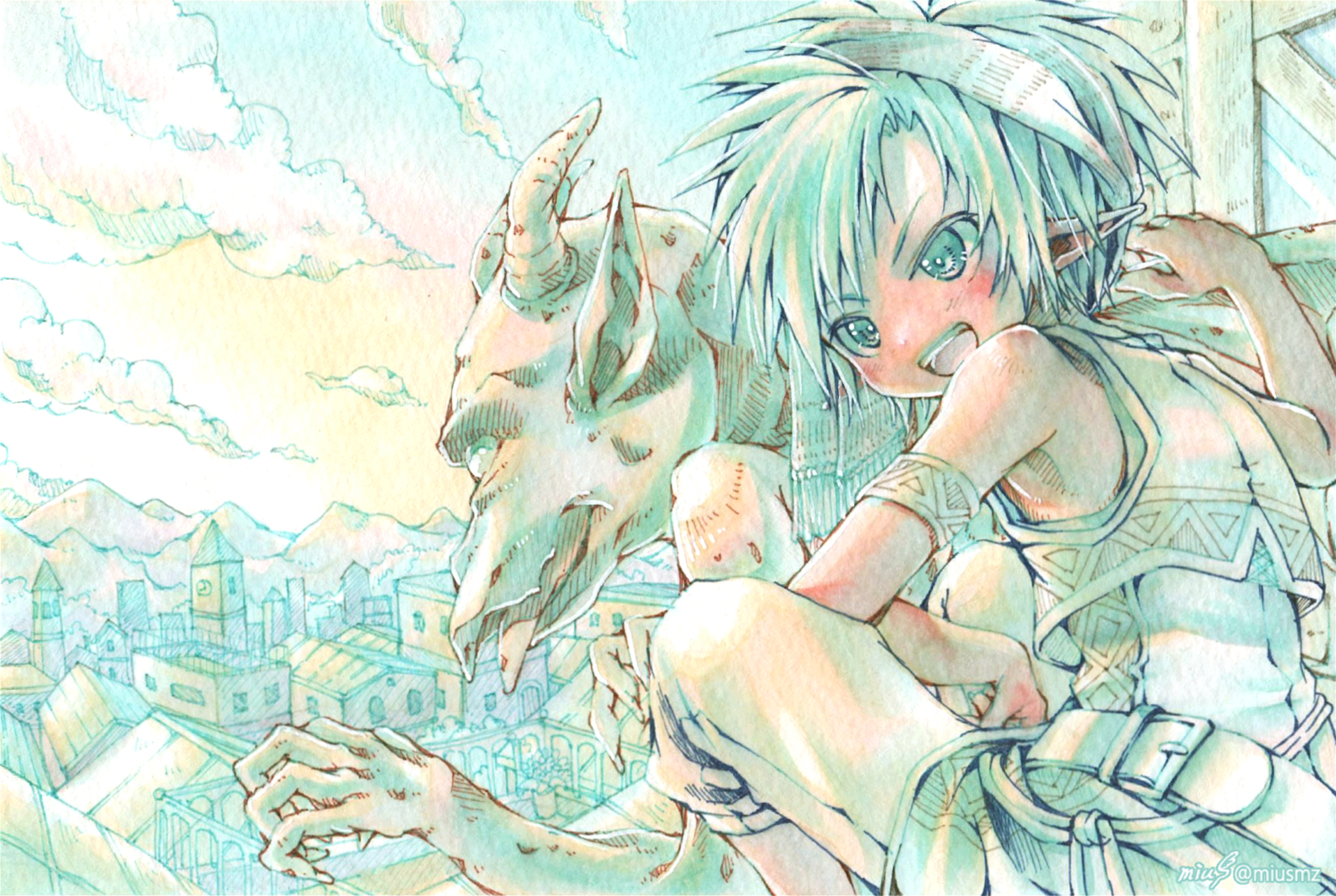 2022.10.1|オリジナル|アナログ<br>(コピック、コピックマルチライナー/マルマンスケッチブック/ポストカードサイズ)<br>inktober2022お題「1.ガーゴイル(Gargoyle)」より 清水実羽によるコピックを用いたファンタジーな男の子のオリジナルイラスト。