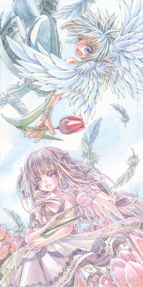 2021.5.28|オリジナル|アナログドローイング<br>(透明水彩、顔彩、絵墨、ZIGクリーンカラーリアルブラッシュ/アクリルデネブ/10×10cm×2枚合作)<br>チューリップの花言葉、ピンクは「愛の芽生え」、赤は「愛の告白」。 清水実羽による透明水彩を用いた天使の女の子と男の子のオリジナルイラスト。