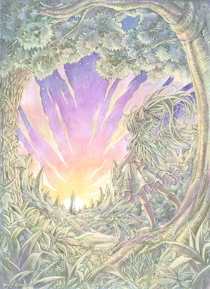 小さく果てのない世界。<br><br>2021.6.14|オリジナル|アナログ<br>(透明水彩,不透明水彩,絵墨,顔彩/アクリルデネブ/F4) 清水実羽による透明水彩を用いた女の子と情景を描いたオリジナルイラスト。