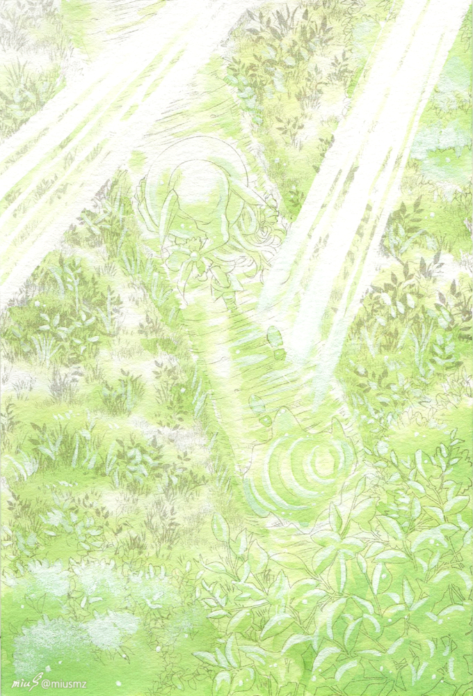 目指すは、深い森より見えない未来。<br><br>2021.7.3|オリジナル|アナログドローイング<br>(スーパービジョン醉春风/アクリルデネブ/ポストカードサイズ) 清水実羽による透明水彩ドローイングで魔女さんのオリジナルイラスト。