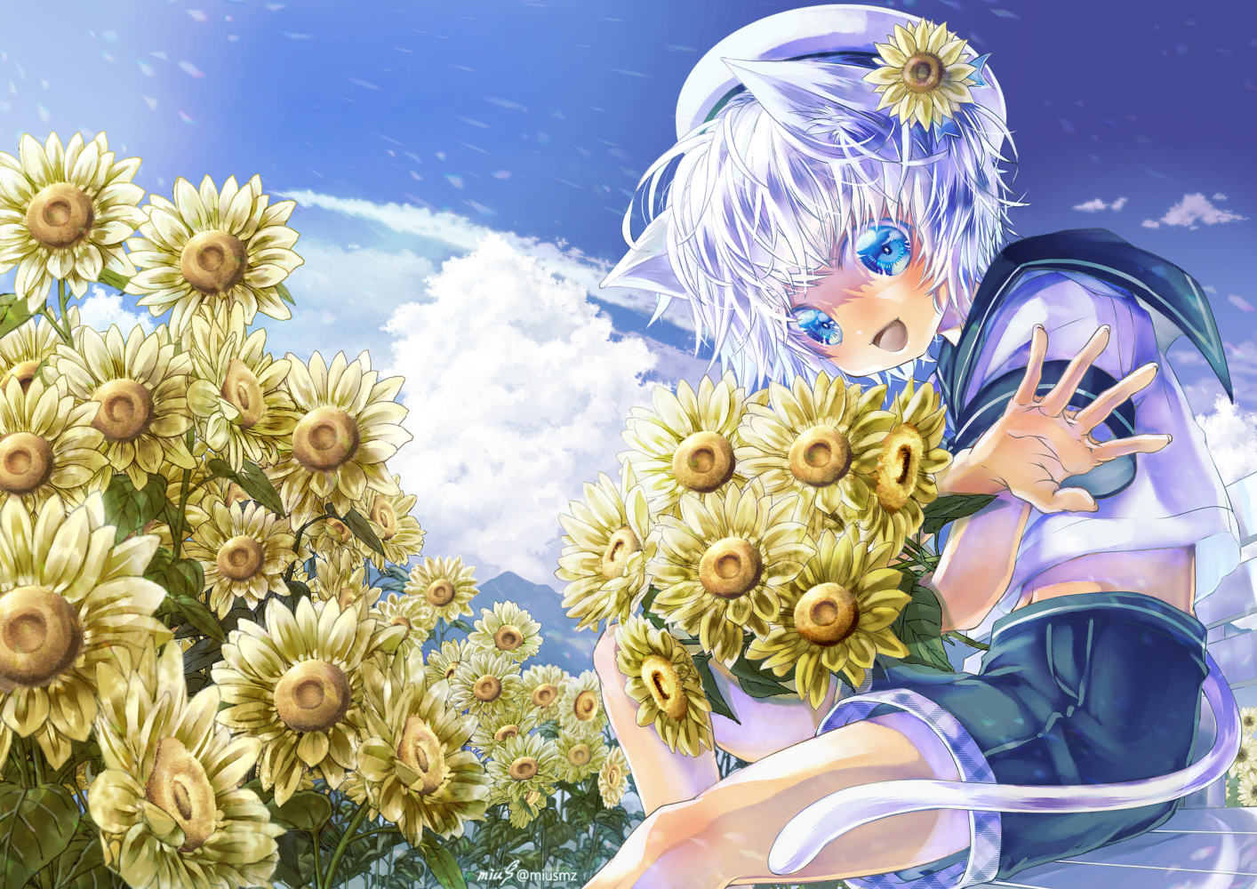 ちょっと早めに来ちゃった〜<br><br>初出2021.8.7、リメイク2022.7.2|オリジナル|デジタル 清水実羽によるひまわり畑にいる猫耳少年を描いた夏のオリジナルイラスト。