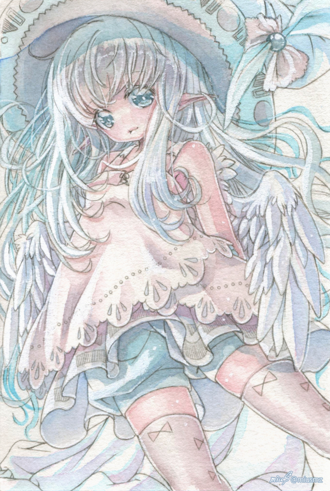 もっと遠くに届けられるかな?<br><br>2021.12.31|オリジナル|アナログ<br>(絵墨・顔彩/アクリルデネブ) 清水実羽による透明水彩ドローイングで魔女天使さんのオリジナルイラスト。