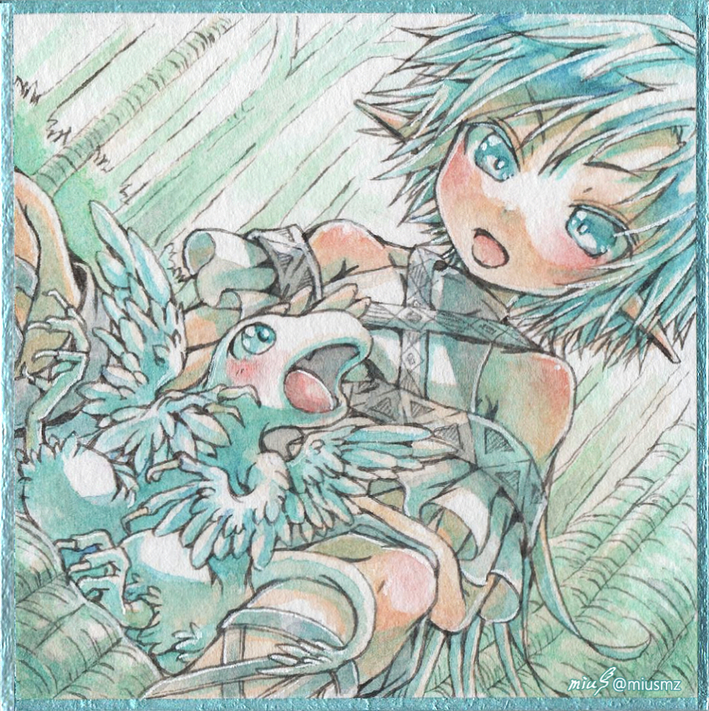 ちょっとひとやすみ。<br><br>2022.5.8|オリジナル|アナログ<br>(ハルモニアとマカロンメインの透明水彩/ウォーターフォード中目/豆色紙7.6×7.6cm) 清水実羽による透明水彩を用いた男の子と子供ドラゴンのオリジナルイラスト。