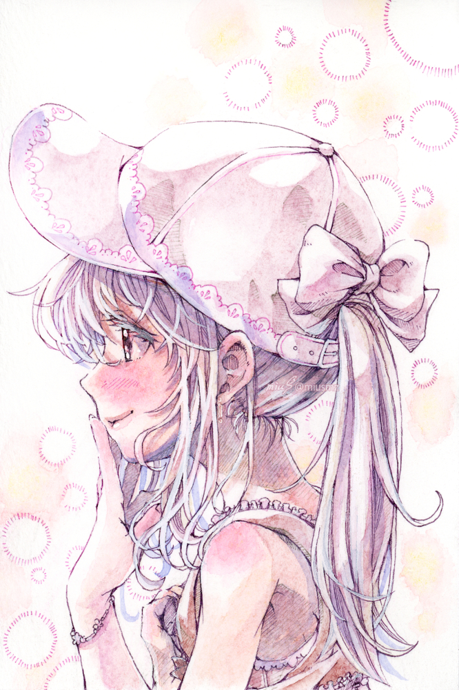 待ちわびる春。<br><br>2023.3.3|オリジナル|アナログドローイング<br>(ハルモニアメインの透明水彩/紙不明/ポストカードサイズ) 清水実羽による透明水彩を用いた女の子のオリジナルイラスト。