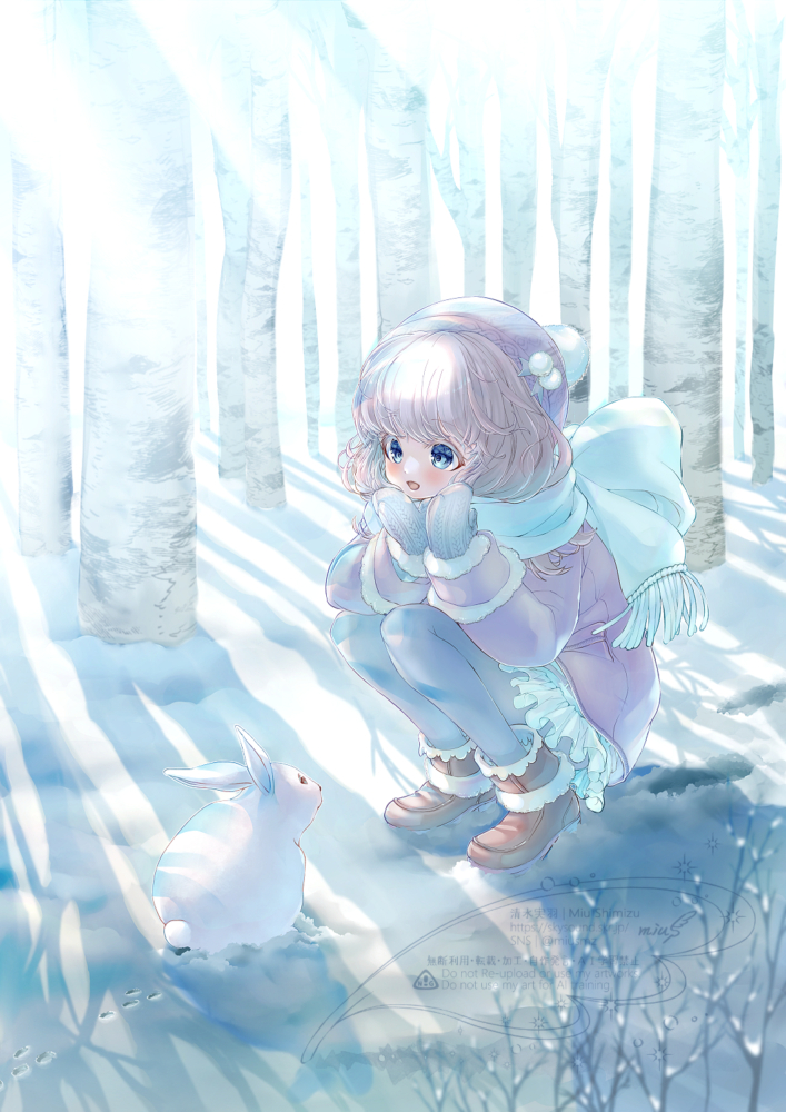 2025.2.7│オリジナル│デジタル イラストレーター清水実羽による、雪景色でうさぎと出会う女の子のデジタルイラスト。
