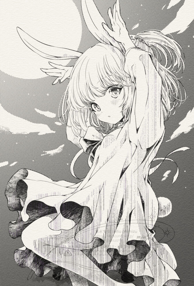 2025.10.6│オリジナル│デジタル 清水実羽によるうさ耳の女の子を描いたデジタルモノクロイラスト。